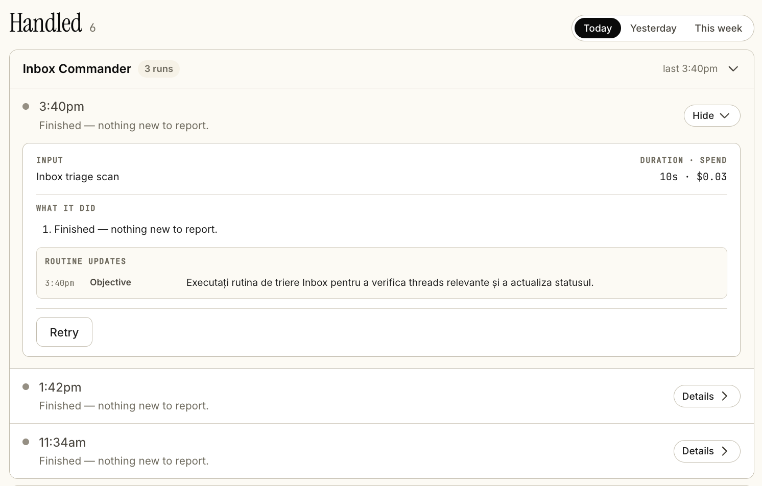 PAERA execution journal showing a completed automated routine